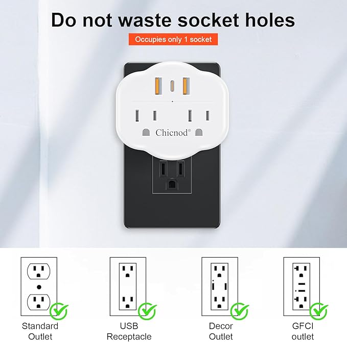 5 in 1 Wall Outlet Extender with USB & Type-C, Surge Protector, 2 AC Outlets, 1050J Fireproof, ETL/FCC Certified, Compact for Travel, Office, Home
