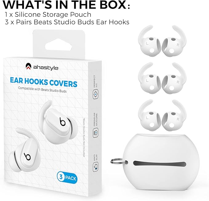 AhaStyle 3 Pairs Beats Studio Buds Ear Hooks Anti-Slip Ear Covers Silicone Accessories【Not Fit in The Charging Case】 Compatiable with New Beats Studio Buds 2021 (White)