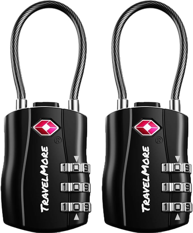 2 Pack TSA Approved Travel Combination Cable Luggage Locks for Suitcases & Backpacks - Black