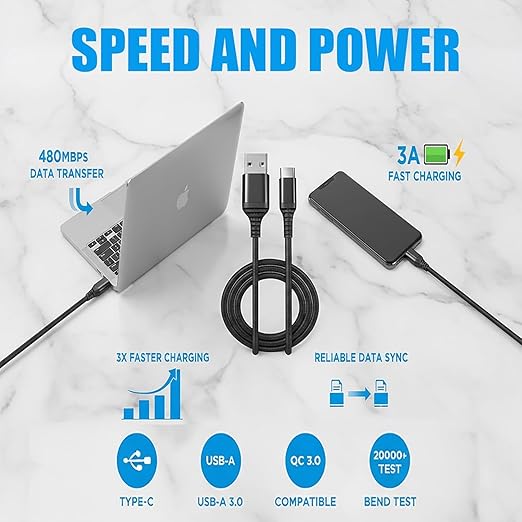 USB-A to USB-C Cable 5 Pack – 3A Fast Charging (QC 3.0), Mixed Length 3.3/6.6/10 ft, Nylon Braided, Compatible with iPhone 15/16/17, Galaxy S24/S23, Pixel & USB-C Devices