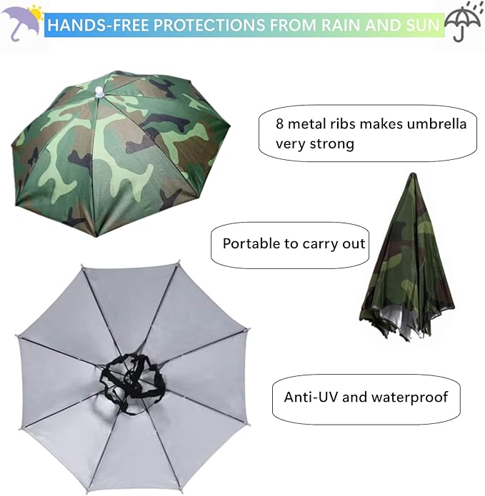 3 Pack Umbrella Hat, Sports Head Umbrella Hats for Adult Women, 26" Diameter Folding Waterproof Rainbow Fishing Headwear for Outdoor Party Beach Hiking