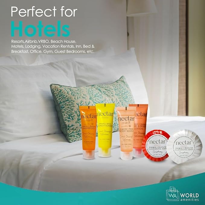 World Amenities Nectar Mini Travel Size Toiletries Bathroom Kit | Sweet Orange Blossom| Shampoo, Conditioner, Body Wash, Lotion, Two Round Cleansing Bars and Body Bar