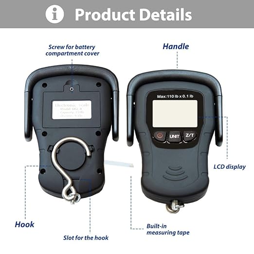 Commercial Grade Heavy Duty Digital 110lb/50kg Capacity Hanging Scale with Backlit and Measuring Tape for Luggage Fish Fishing with Comfortable Handle and Large Hook