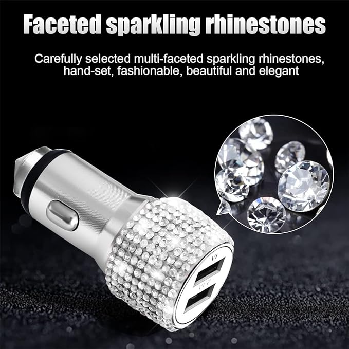 Bling Dual USB Car Charger with 3-in-1 Multi Fast Charging Cable, Dual Port Charger Adapter with Type C Micro USB Cord for iPhone, Android, Rhinestones Car Interior Accessories for Women(White)