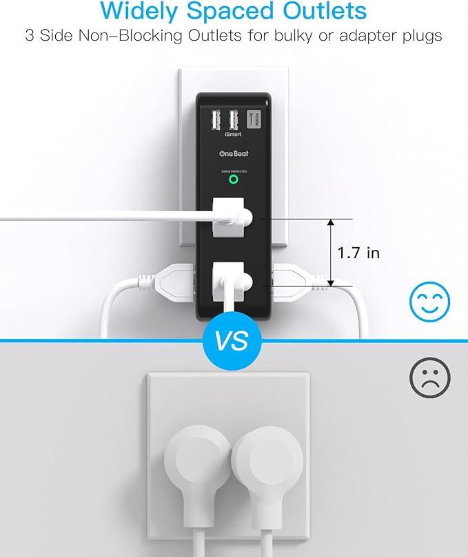 PD20W Surge Protector Outlet Extender - Rotating Plug, One Beat 6 AC Multi Plug Outlet with 3 USB Ports (1 USB C), 1800J Wall Charger, 3-Sided Power Adapter with Spaced Outlet Splitter for Home Office