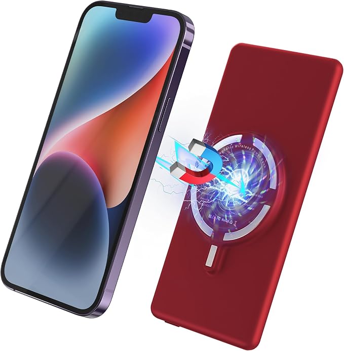 Magnetic Battery Pack for iPhone /17/16/15/14/13/12 Series, 10,000mAh Mag-Safe Battery Pack, Slim Mag-Safe Power Bank Charger, Power Bank Magnetic Charger for iPhone (Red)