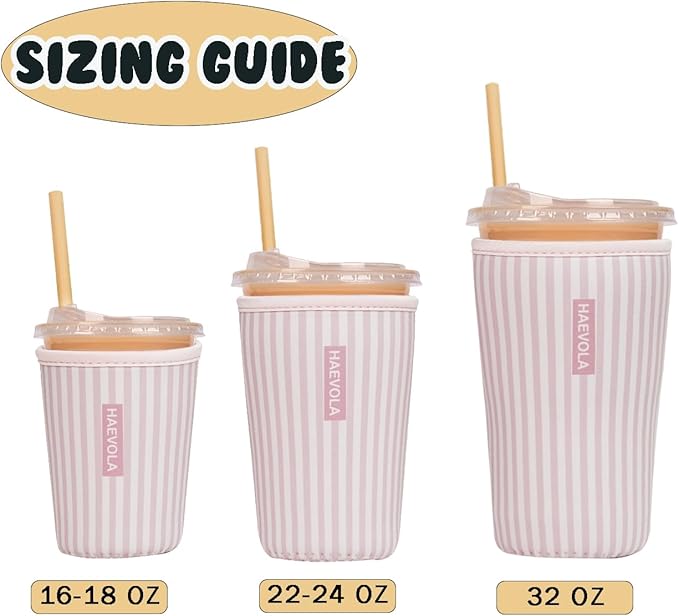 Reusable Insulated Neoprene Iced Coffee Cup Sleeve, Durable Drink Sleeve for Cold Beverages, Beverage Holder for Iced Coffee, Pink Stripes