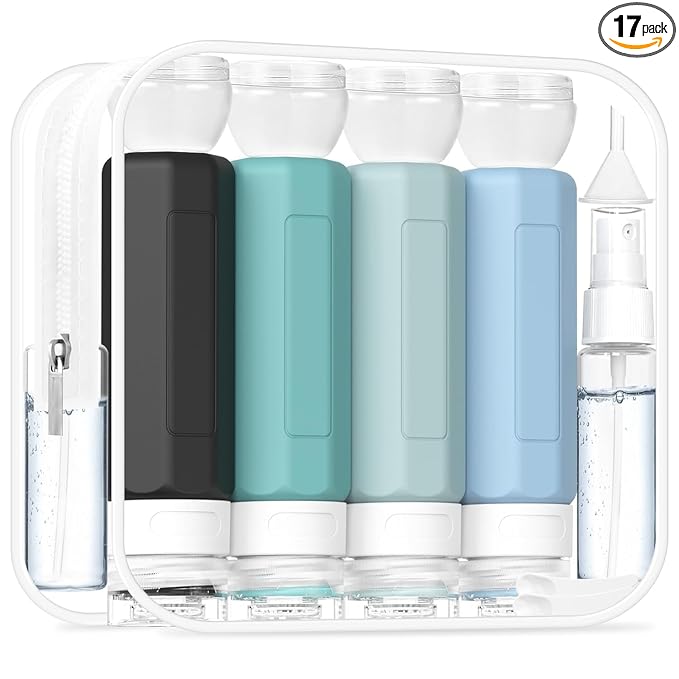 Redfly 17PCS Travel Bottles for Toiletries, TSA Approved Silicone Travel Size Containers, Leak Proof Toiletry Containers for Shampoo, Conditioner, Lotion & Creams Gray