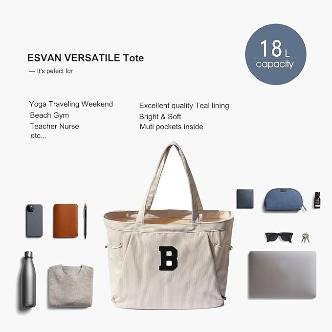 ESVAN Corduroy Yoga Tote Bag Gifts for Women Drawstring Yoga Mat Bag for Office Workout Travel Carryall Pilates Gym