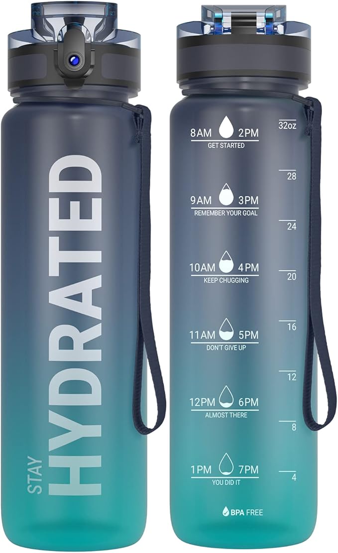 Sahara Sailor Water Bottle 32oz, Durable and Leakproof Water Bottles Motivational with Time Marker, Tritan, BPA Free, Wide Mouth with Easy Clean Brush for Gym, Travel, Home, School, Office (1 Bottle)