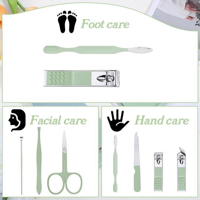 Manicure Set, 7 Pcs Professional Nail Clippers Scissors Pedicure Tools Kit, Carbon Steel Travel Nail Care Clippers with Green Leather Bag, 7 in 1 Portable Travel Grooming Kit for Women Men (Green)