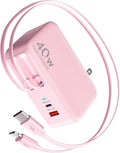 Retractable USB C Charger Wall Plug with 35.5in/90cm Type C Cables Cords,40W Fast Charging Foldable Block Multi Charger for All Devices for iPhone 17/16/15/14/13/12,iPad,Galaxy,Pixel