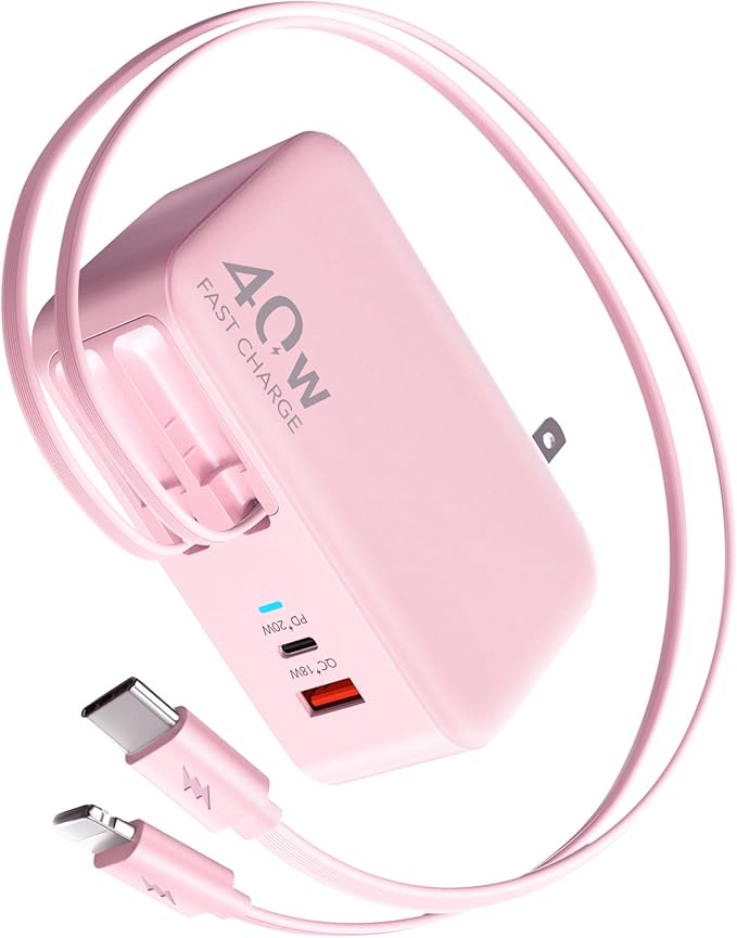 Retractable USB C Charger Wall Plug with 35.5in/90cm Type C Cables Cords,40W Fast Charging Foldable Block Multi Charger for All Devices for iPhone 17/16/15/14/13/12,iPad,Galaxy,Pixel