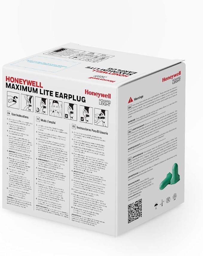 Howard Leight by Honeywell Maximum Lite Low Pressure Corded Disposable Foam Earplugs, Box of 100 Pairs (LPF-30) ,Green