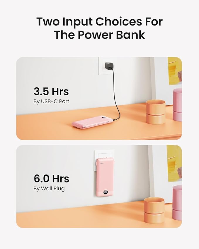 Portable Charger Built-in Cables and Wall Plug, 10000mAh Slim USB C Power Bank, LED Display External Battery Pack Compatible with iPhone/Android & More (Pink)