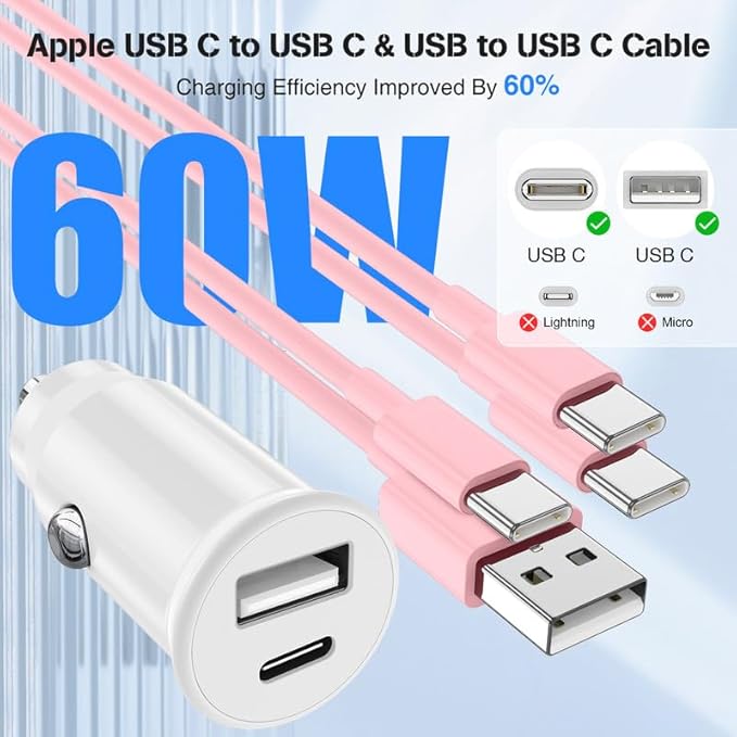 USB C Car Charger for iPhone 17 16 15 Pro Max, 40W Dual Port USB-C & USB-A Car Fast Charging Adapter, 2X3FT C to C Cable & A to C Carplay Cable for iPhone 17 16 15 Series/iPhone Air,iPad,Samsung-Pink