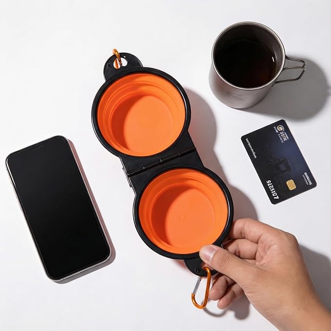 Collapsible Dog Bowls with Carabiner, Double Portable Travel Pet Bowls for Food and Water, Foldable Silicone Dog Bowl for Walking, Hiking, Camping, Small Medium Dogs and Cats,Orange