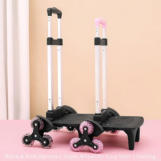 Lightweight Foldable Backpack Trolley – Black 3-Wheel Rolling Hand Truck with Strap, Portable Folding Cart for Backpack, Travel, Commuting, and Daily Utility Use