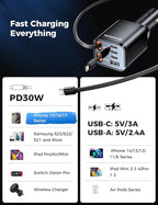 Retractable Car Charger, SUPERONE 99W Car Phone Charger with Cables Fast Charging, USB C Car Charger Adapter for iPhone 17 16 15 14 13 12, Samsung, Black