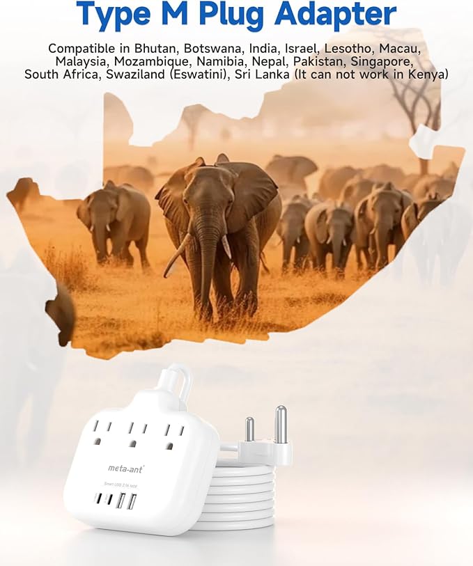 South Africa Plug Adapter, Type M Adapter for South Africa with 3 AC Outlets & 4 USB Ports(2 USB C 4.2A), 3FT Extension Cord, Africa Travel Essentials for USA to South Africa Namibia Nepal Malaysi