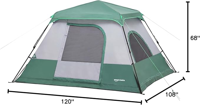 Amazon Basics Instant Camping Tent with Rainfly, Weather-Resistant, Quick Setup