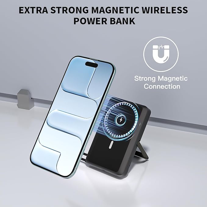 10000mAh Magnetic Wireless Power Bank Fast Charging , Mag-Safe Protable Charger Bulit in USB C Cable and Stand 22.5W PD USB C Fast Charger,Magnetic Battery Pack for iPhone 17 Pro/17 Air/16/15/14/13/12