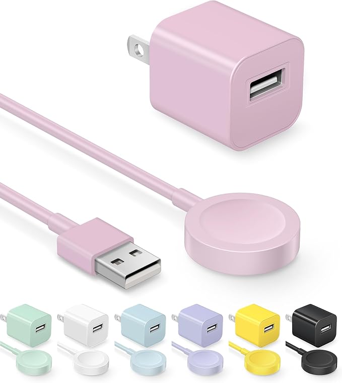 Fast Charger for Apple Watch Charger, Magnetic iWatch Charger to USB A Cable 3.3FT with USB A Wall Plug Adapter for Apple iWatch Series Ultra/10/9/8/7/6/SE/5/4/3/2 (Pink)