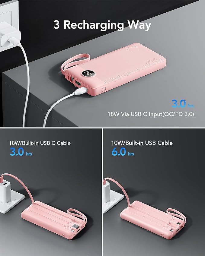 VRURC Portable Phone Charger, 20W PD Fast Charging Portable Charger for iPhone, 10000mAh Battery Bank with Cables, 4 Output 3 Input USB C Battery Pack for iPhone 17 16 15 14 13,Samsung Galaxy-Pink