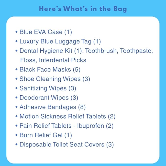 LUX Travel Essentials – 33 Piece Premium Hygiene & Comfort Set with Blue EVA Hard Case – Includes Dental Care, Face Masks, Wipes, Bandages & TSA-Friendly Travel Accessories