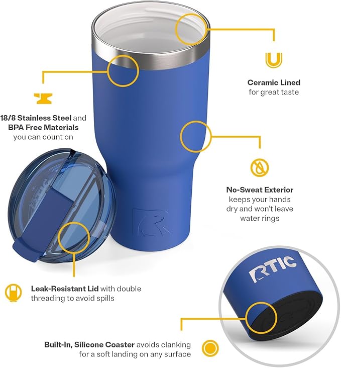 RTIC 40oz Essential Tumbler with Lid, Ceramic Lined, Insulated, Stainless Steel, Metal, Double Wall Vacuum-Insulation, Travel Cup for Iced Coffee, Tea, Hot and Cold Drink, Cobalt
