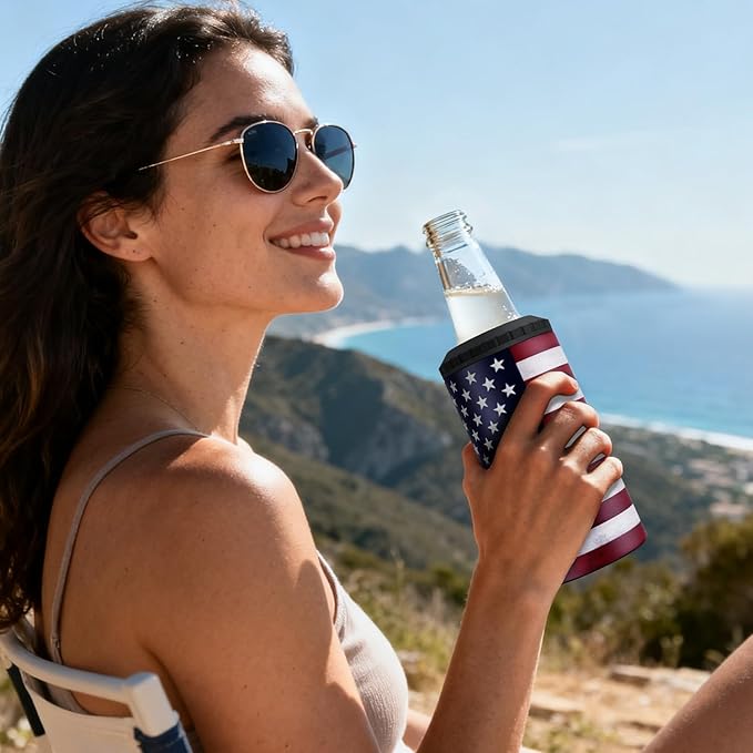 3 in 1 Slim Can Cooler for 12 OZ Skinny Can, Regular Can & Beer Bottle - Keep Cold for 6 Hours - Double Walled Insulated Stainless Steel Vacuum Beverage Insulator (US Flag)