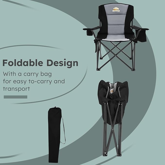 Colegence Oversized Folding Camping Chairs - 450 LBS Support Heavy Duty Camp Chair with Padded Cushion, Portable Outside Chairs with Carry Bag，Cooler, Cup Holder for Outdoor, Lawn, Sports - Black