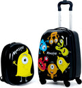 BABY JOY 2 PC Kids Luggage, 16" Toddlers Carry-on Suitcase & 12” Backpack Set, Children Travelling Case w/ 4 Casters & Retractable Handle, Lightweight Trolley Case for Boys & Girls (Monster)