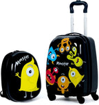 BABY JOY 2 PC Kids Luggage, 16" Toddlers Carry-on Suitcase & 12” Backpack Set, Children Travelling Case w/ 4 Casters & Retractable Handle, Lightweight Trolley Case for Boys & Girls (Monster)