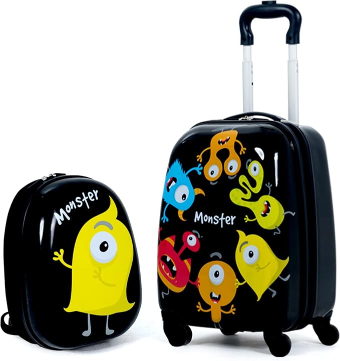 BABY JOY 2 PC Kids Luggage, 16" Toddlers Carry-on Suitcase & 12” Backpack Set, Children Travelling Case w/ 4 Casters & Retractable Handle, Lightweight Trolley Case for Boys & Girls (Monster)