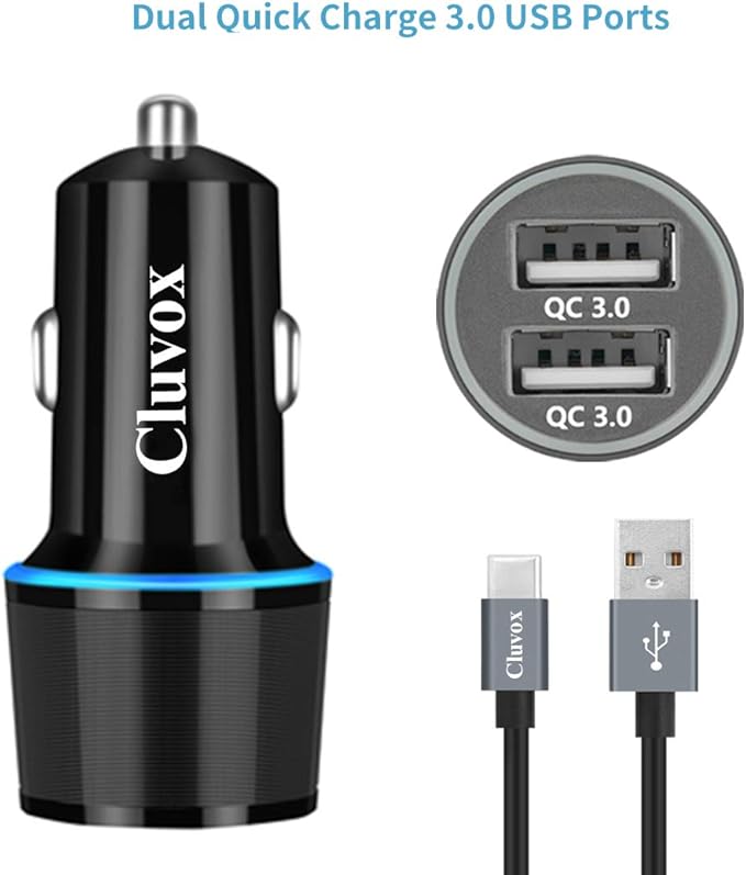 Fast USB Car Charger for Samsung Galaxy A56/A55/A54/A53/A50/A17/A16/A15/A14/S26/S25/S24/S23/S22/S21 Plus/Ultra/Note 20/A21/A31/A51 Quick Charge 3.0 Dual USB Rapid Car Charger with Type C Cable 3.3ft