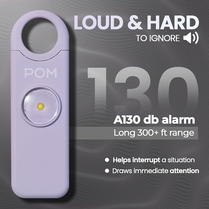POM Personal Safety Alarm for Women – 130dB Loud Emergency Siren, USB-C Rechargeable with Bright LED Flashlight, Portable Keychain Design for Self Defense, Purse, Backpack & Travel (Lavender)
