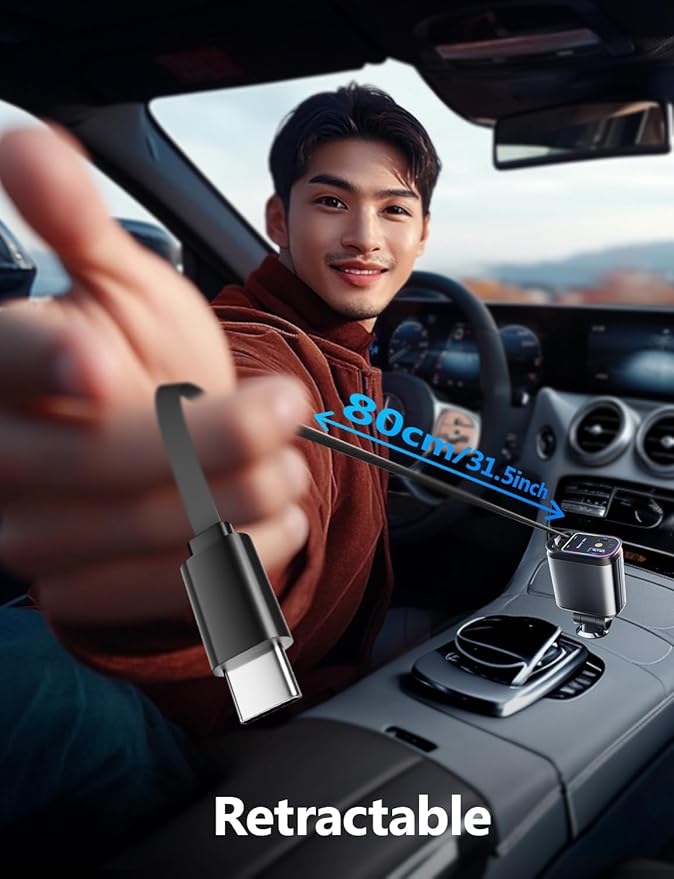 Retractable Car Charger with Starlight, 66W Starlight in Car roof 4 in 1 Retractable Car Phone Charger Adapter, Fast Charging USB C Cable, Compatible with iPhone 17/16/15/14/13/12
