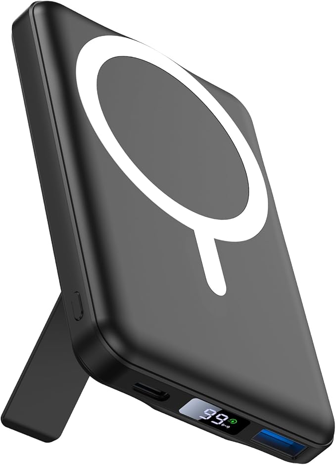 AOGUERBE for MagSafe Portable Charger, 10000mAh Magnetic Power Bank 22.5W Fast Charging, Mini Battery Pack Wireless with LED Display&Foldable Stand for iPhone 17/16/15/14/13/12 Series (Obsidian Black)