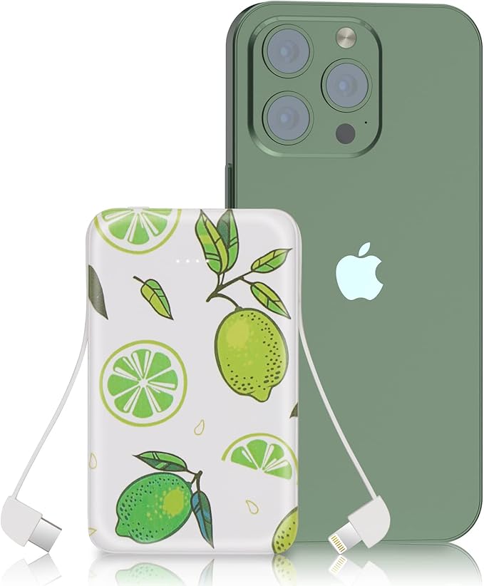 Sethruki Portable Charger 5000mAh Cute Ultra Slim USB C Power Bank for Girls Mini Fast Charging Small Battery Pack with Built in Cables for iPhone iPad Samsung Pixel Android Phones,Lemon