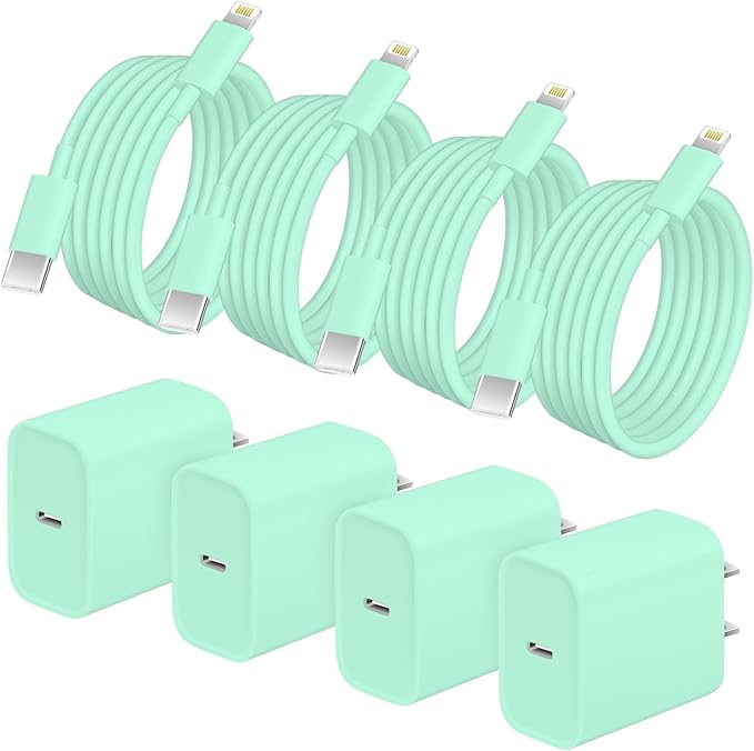 AISNI iPhone Charger Fast Charging 4 Pack 20W PD USB C Charger Block with 6 FT MFi-Certified Type C Fast Charging Cable Compatible for iPhone 14/13/12/11 Pro Max/Xs Max/XR/X,iPad-Green