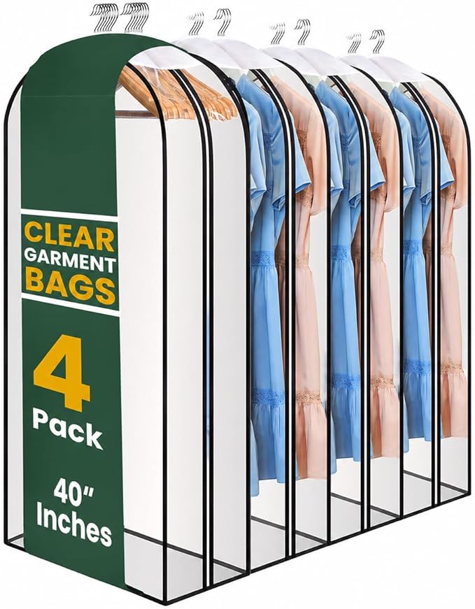 Clear Garment Bags for Clothes Storage - 4-Pack Plastic Hanging Covers and Clothing Protectors, Long Dress Suit Jacket Closet Cover Dust Proof Garment Bag Set for Organized Wardrobe Storage (40")