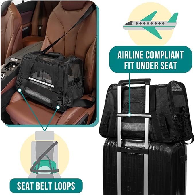 PetAmi Airline Approved Pet Carrier for Cats & Small Dogs, Soft Sided TSA Travel Carrier Bag with Sherpa Bed, Breathable Mesh Ventilation, Collapsible Bowl, Fits Under Seat, Up to 18 lbs, Small Black