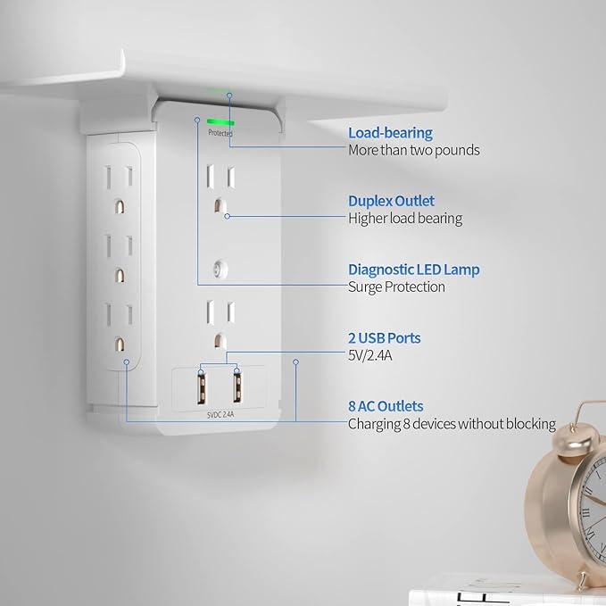 Socket Wall Shelf-CFMASTER 10 Port Surge Protector Wall Outlet, 8 Electrical Outlet Extenders and 2 USB Ports 2.4A, with Removable Built-In Shelf, FCC Listed (1, White)