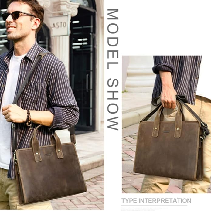 Contacts Leather Briefcase for Men 14 Inch Laptop Bag, Crazy Horse Leather Messenger Bag Brown Business Bag Satchel Shoulder Handbag