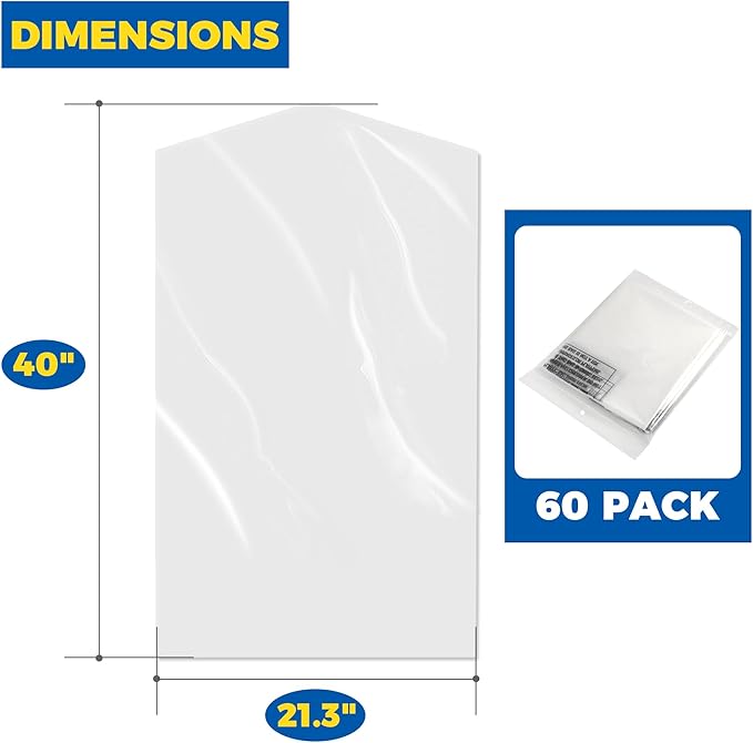 60-Pack Dry Cleaning Bags for Clothes 40-Inch Long - Clear Plastic Garment Bags for Hanging Clothes, Dry Cleaner Plastic Clothing Cover for Suits, Coat, Shirt, & Pants