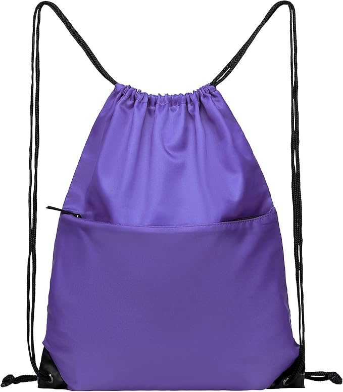 Drawstring Backpack Sports Water Resistant String Bag Sport Gym Sackpack for Women Men Large with Zipper, Purple