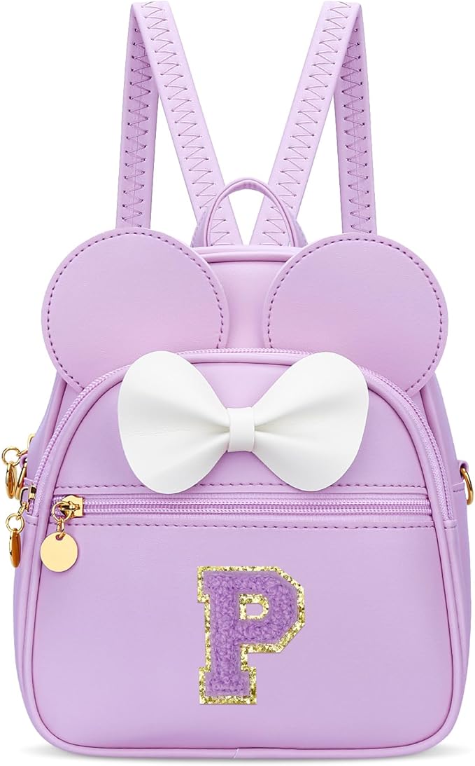 KKXIU Girls Initial Bowknot Cute Mini Backpack for Toddler, Travel Small Girl Backpacks, Personalized Birthday Gifts for Little Girls and Kids(P, Purple)