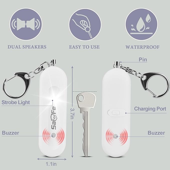 Personal Safety Alarm - Waterproof Rechargeable Security Alarm - 140dB Extra Loud Siren & Strobe Light - Self Defense Keychain - Gift for Women, Teenagers, College Girls, Seniors (White)
