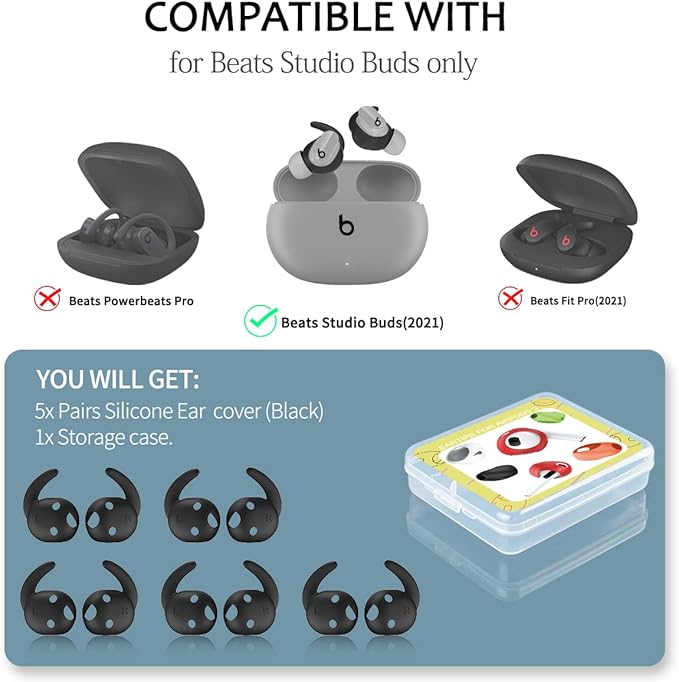 [5 Pairs] for Beats Studio Buds Ear Hooks, Soft Silicone Sport Anti Slip Studio Buds Ear Covers Compatible with Beats Studio Buds Earbuds 2021 [NOT Fit in Case] - Black